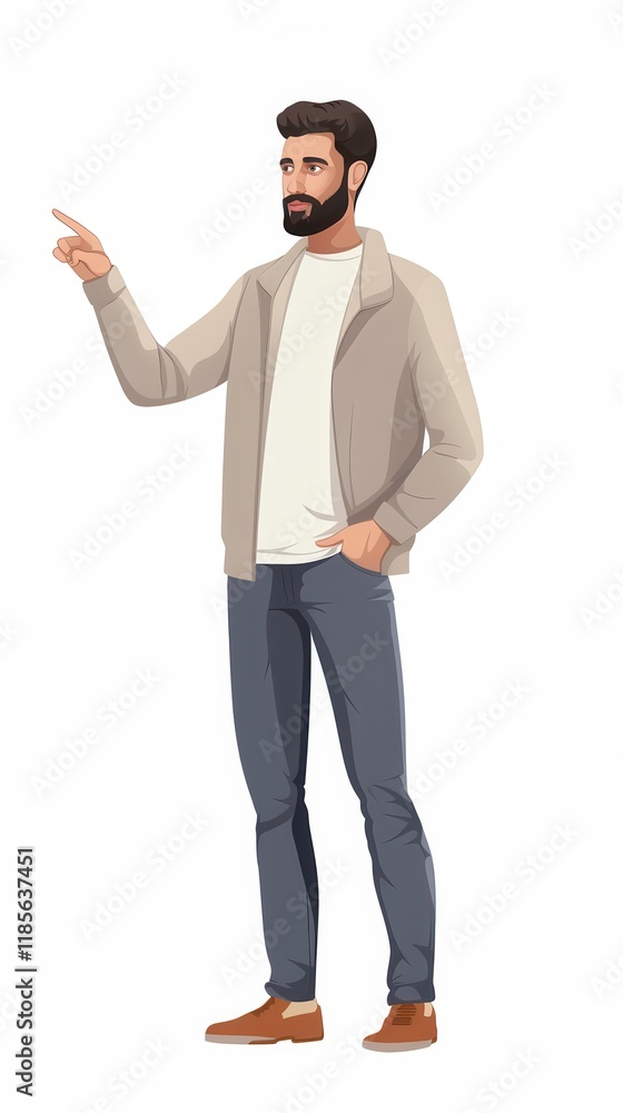 Poster man leads virtual brainstorming session in animated office setting with a white background. generati