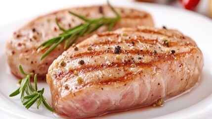 Grilled pork steaks seasoned with herbs on a white plate showcasing fresh, appetizing meat for culinary presentations and food recipes.