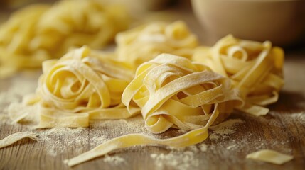 Variety of Raw Pasta Twists on Wooden Surface Decorated with Flour and Bowl Background