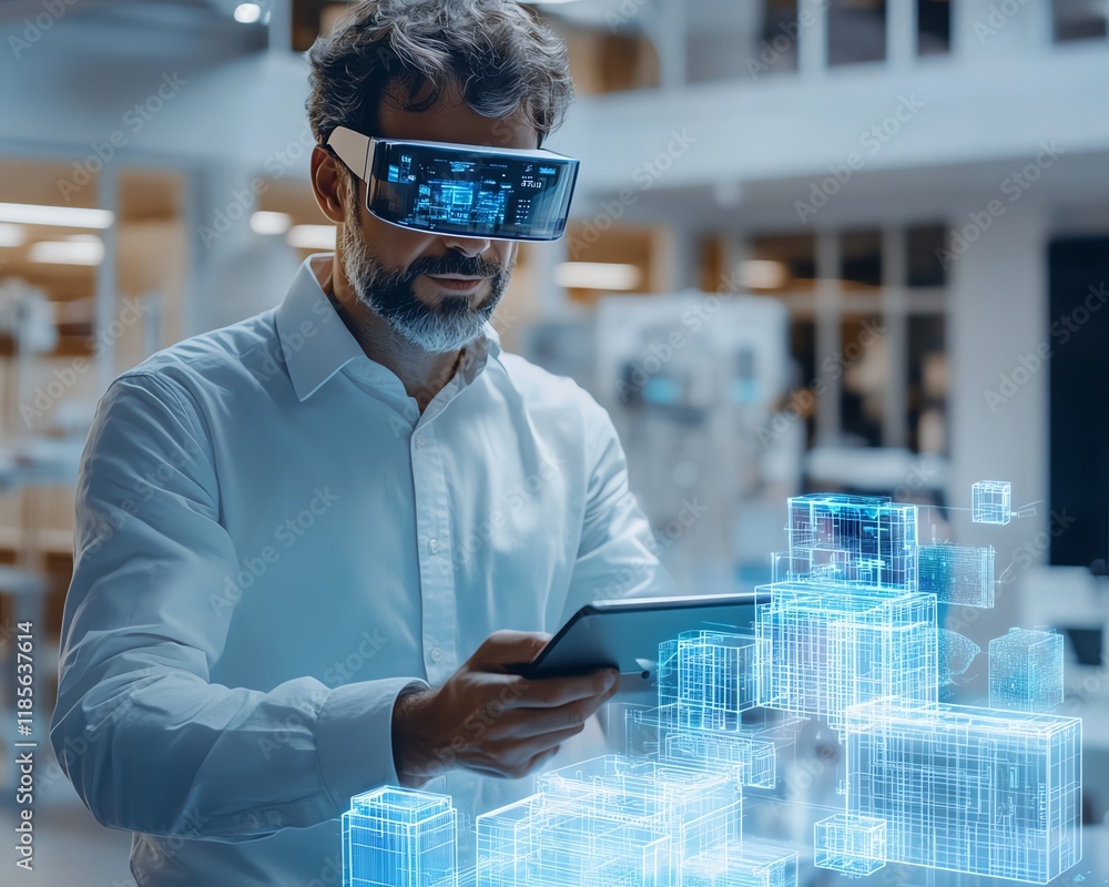 Poster Businessman in modern hightech office using digital tablet to visualize project, advanced augmented reality interface, futuristic design, holographic project planning tools