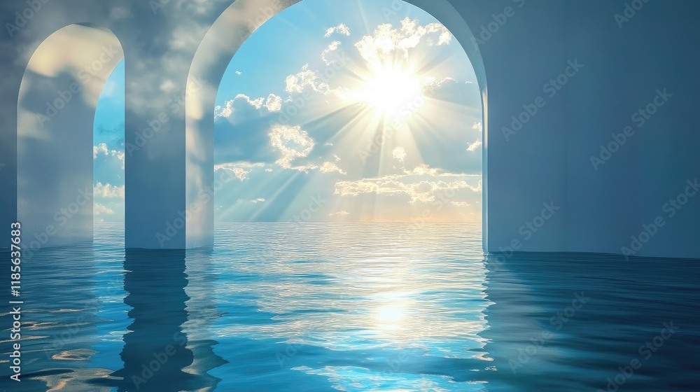 Poster sunlight streaming through architectural arches over tranquil ocean waters with a serene sky and gen