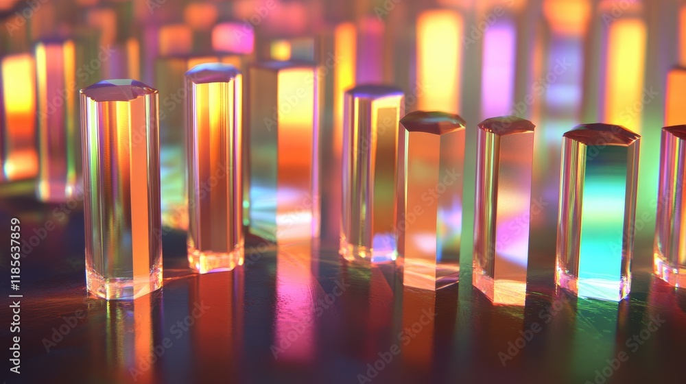 Poster a close-up view of a d bar chart with reflective surfaces, showcasing data progression over time, il