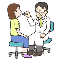 女性患者の喉を視診する医者