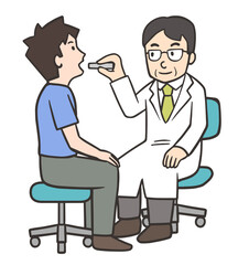 男性患者の喉を視診する医者