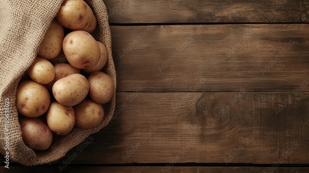 Poster freshly harvested potatoes in a rustic burlap sack on a wooden surface with ample space for text and