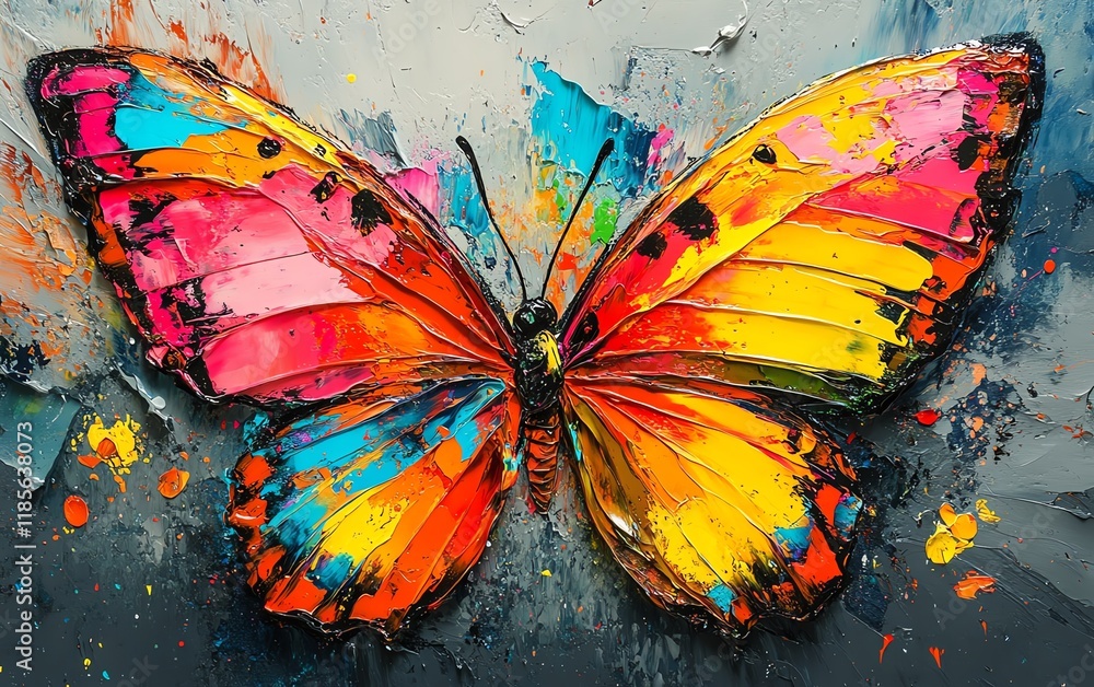 Poster colorful abstract butterfly painting with vibrant wings, splashes of paint, dynamic brushstrokes, mo