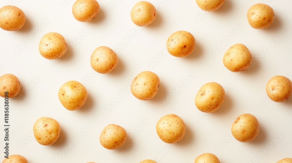 Poster raw golden potatoes arranged in a uniform pattern on a white background showcasing their natural tex