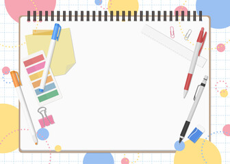 文房具とノートのセット、ポップな背景、横向き