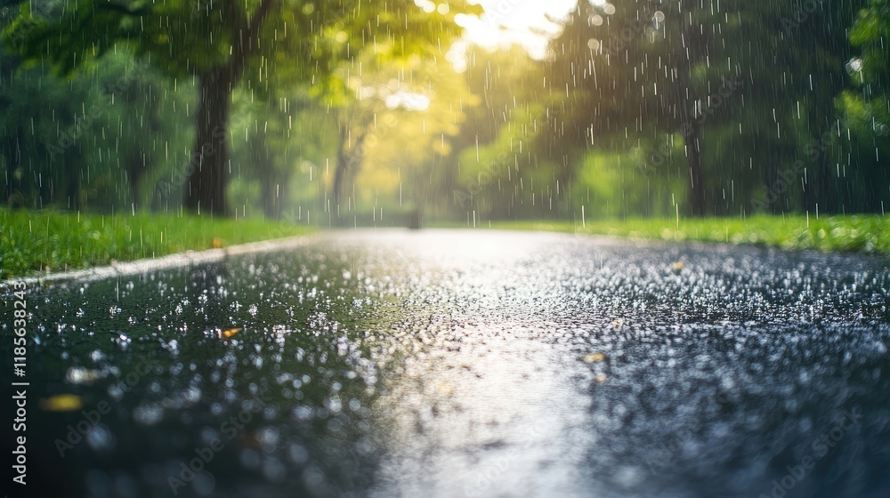 Aufkleber Rain-soaked asphalt path in a park illuminated by sunlight rays filtering through trees creating a serene picturesque view