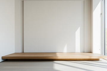Modern minimalist interior with wooden platform and natural light in spacious room