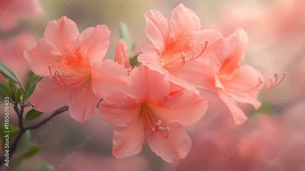 Poster delicate pink peach azalea blooms with soft background creating a peaceful spring atmosphere