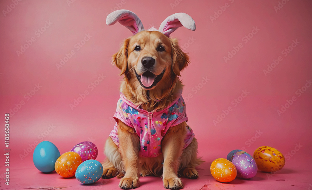 Aufkleber dog wearing a pink bunny costume sits in front of a pile of easter eggs. the dog is smiling and he i
