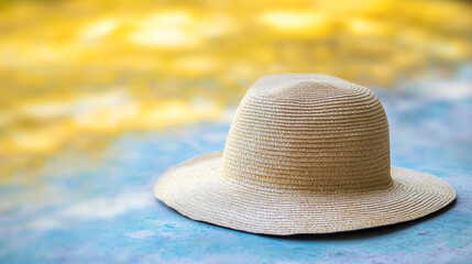 A white straw hat on a blue surface with a blurred yellow background