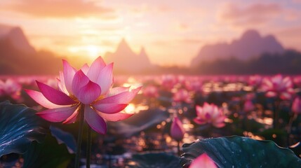 Beautiful pink Lotus flowers blooming at sunset over serene water with lush green leaves and mountain landscape in the background.