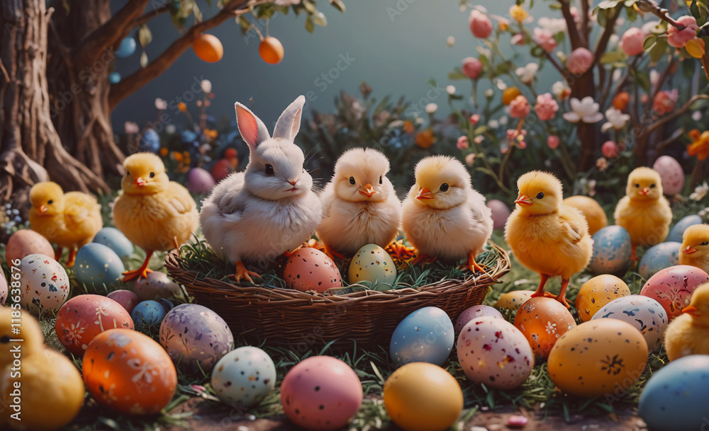 Poster basket of eggs with a group of baby chicks sitting on top of them. the chicks are of different color