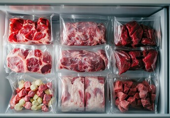 Freshly Packaged Cuts of Meat Displayed in Clean Refrigerator Freezer Organized for Optimal Storage and Easy Access to Quality Proteins for Culinary Use