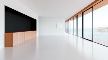 Modern minimalist interior design with panoramic ocean view during daylight