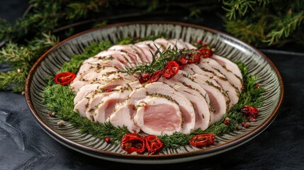 Sliced turkey breast garnished with herbs and spices displayed on a rustic plate for culinary presentation and cooking ideas