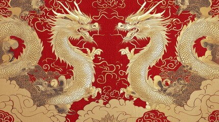 Dynamic dragons clash cultural heritage artwork vibrant red background close-up view symbolism of power