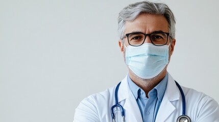 Senior doctor in lab coat and glasses wearing a face mask with a confident expression against a neutral background