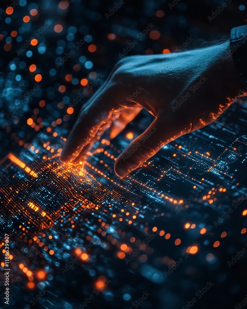 Aufkleber Futuristic businessman presenting glowing digital marketing graph with data visualization, dark background, 3D design, advanced business strategy, techdriven visual concepts