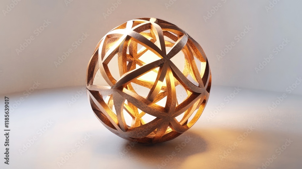 Poster geometric wooden sphere light source creating warm radiance in minimalist setting