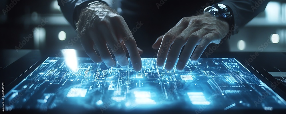 Aufkleber futuristic businessman using advanced digital tablet to visualize and plan innovative project in a h
