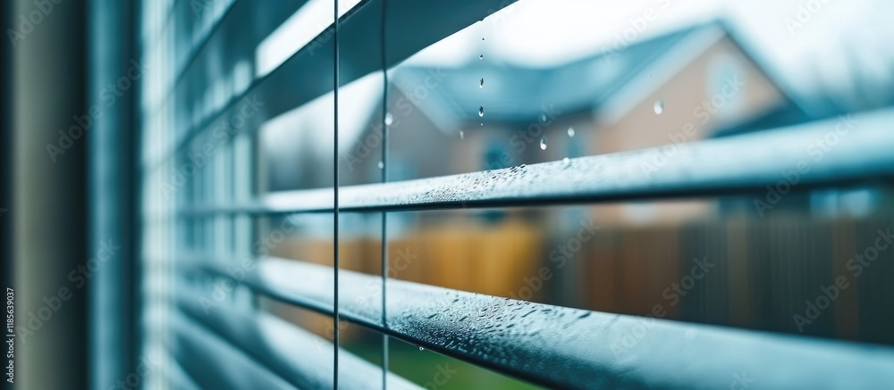 Poster raindrops on wet window blinds with soft focus on distant houses creating a serene atmosphere of a r