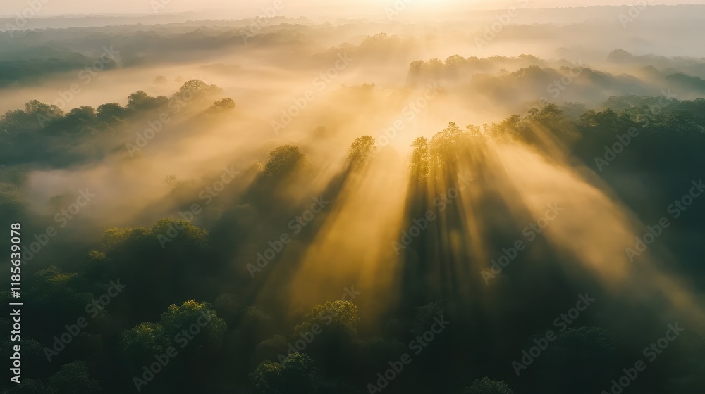 Poster sunlight beams piercing through fog in a tranquil forest landscape at dawn creating a serene and mys