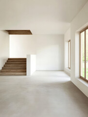 Modern interior space with staircase and large windows for natural light