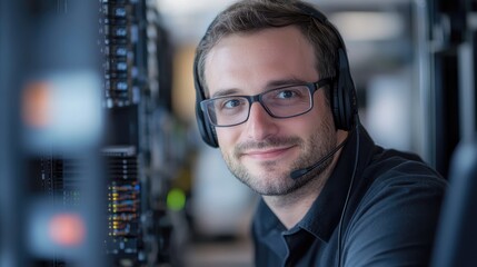IT technician wearing glasses and headset smiling while working on server maintenance in a data center environment.
