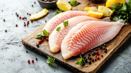 Fresh tilapia fillets on wooden board garnished with herbs and spices ready for culinary preparation and healthy cooking options
