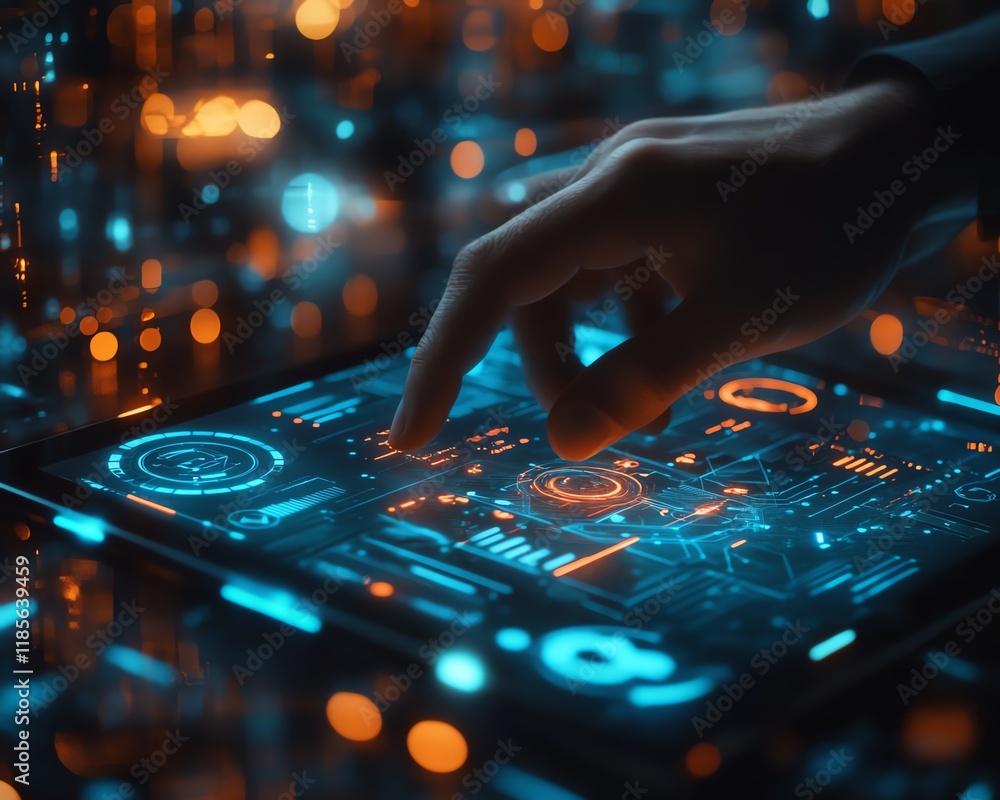 Poster Hightech businessman using a digital tablet to plan innovative project, futuristic workspace, dynamic 3D interface, holographic project visualization, modern design elements