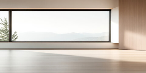 Modern interior with large window showcasing mountain view and natural light