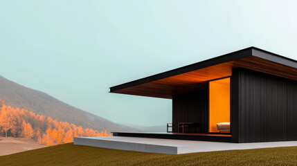 Fototapeta premium Modern architectural design of a cabin amidst autumn landscape in a serene setting