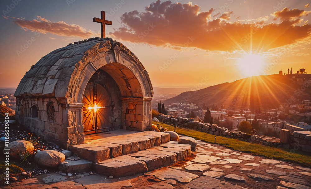 Poster Small building with a cross on top of it. The building is on a hill. The sun is setting and the sky is orange