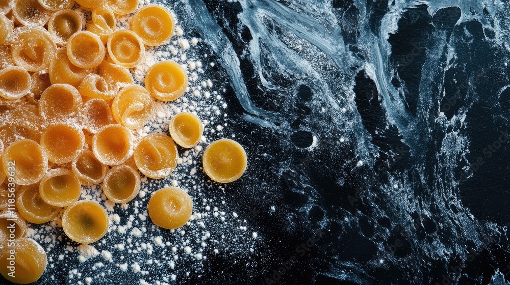 Poster raw pasta arranged with flour on a dark surface for a cooking concept with flat lay presentation and