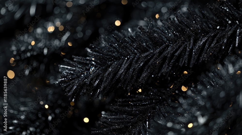 Poster elegant black christmas tree close-up with shimmering branches and soft bokeh lights creating a soph