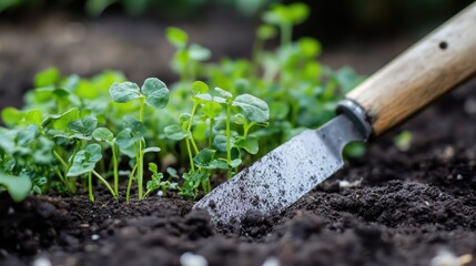 Freshly Grown Radish Microgreens Cultivated in a Home Garden with Gardening Tool in Soil Under Natural Light