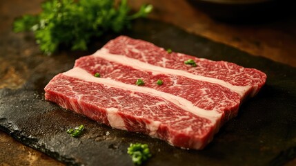 Fototapeta premium Premium marbled wagyu beef cut for shabu shabu served on slate plate at traditional Japanese restaurant with fresh herbs garnish