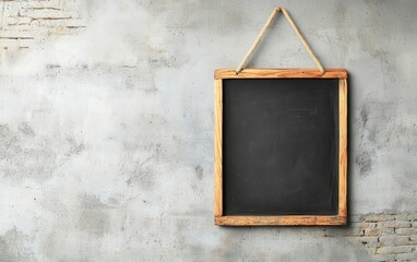 Blank rustic chalkboard frame on weathered wall. Empty blackboard with a wooden frame hanging on a textured gray wall, ideal for messages or drawings.