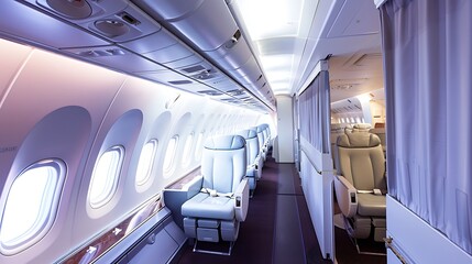 Obraz premium Interior of an airplane cabin showcasing comfortable seating and modern design.