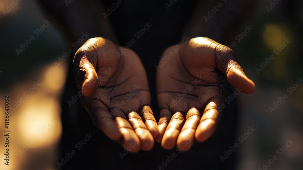 Poster close up of open hands illuminated by sunlight showcasing textures and shadows in a tranquil outdoor