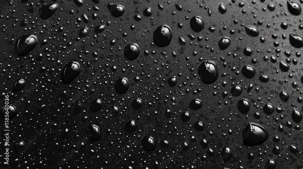 Poster rain droplets on black glass surface creating a textured background design for abstract or atmospher