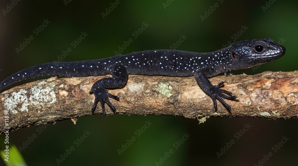 Poster close up of a black lizard with white spots resting on a tree branch in a lush rainforest environmen