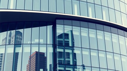 Obraz premium Modern business office building featuring a sleek glass curtain wall facade with clean lines and reflective surfaces, structure, windows, curtain wall