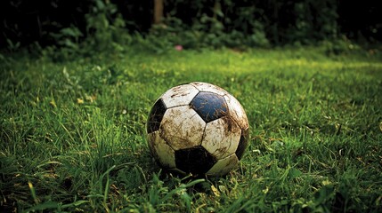 Close up of a weathered black and white soccer ball resting on vibrant green grass in a natural outdoor setting