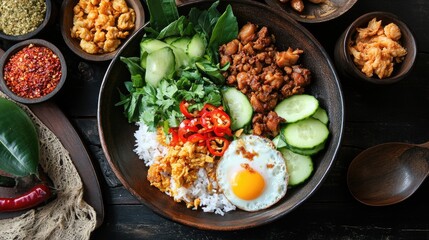 A colorful mix of fried rice with fresh vegetables, scrambled eggs, and pieces of chicken, all beautifully arranged on a dark wooden table.