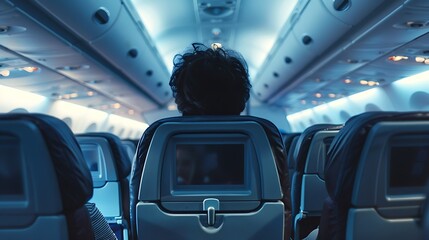 Interior view of an airplane cabin with a passenger in focus.