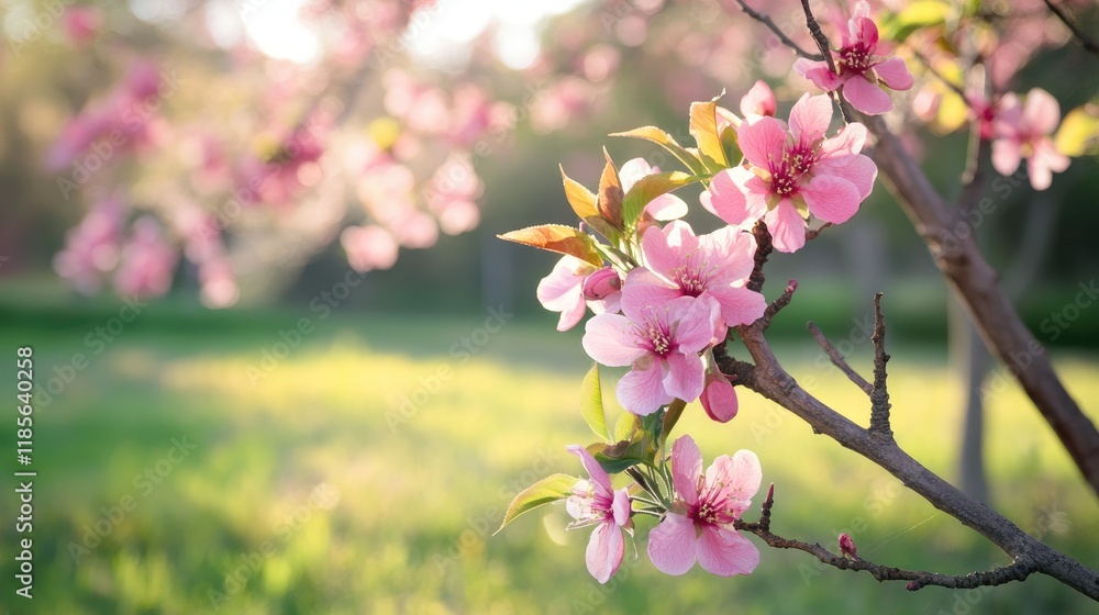 Aufkleber pink peach blossoms on tree branches with lush green grass and soft sunlight creating a serene sprin